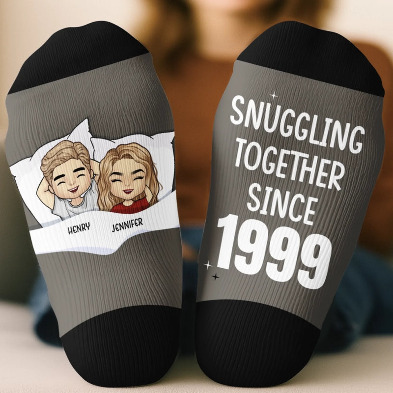 Custom Crew Socks - Personalized Anniversary Wedding Gifts For Husband And Wife, Him And Her - Snuggling Together Since