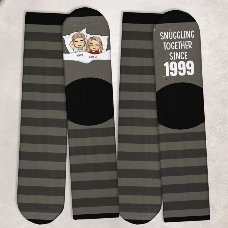 Custom Crew Socks - Personalized Anniversary Wedding Gifts For Husband And Wife, Him And Her - Snuggling Together Since