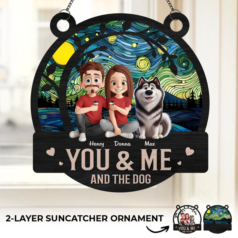 Happiness Is You, Me And The Dog - Couple Personalized Window Hanging Suncatcher - Gift For Husband Wife, Anniversary, Pet Owners, Pet Lovers