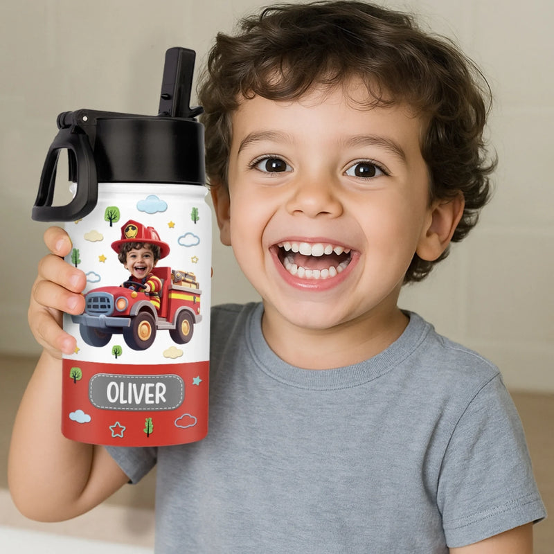 Custom Photo Kids Water Bottle - Personalized Back To School Gifts For Kids - Fire Truck Fun Ahead