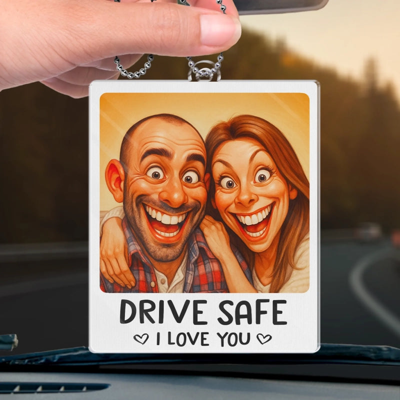Custom Photo Funny Caricature Acrylic Car Ornament - Personalized Anniversary Wedding Gifts For Husband And Wife, Him And Her - Safe Driver, Happy Lover