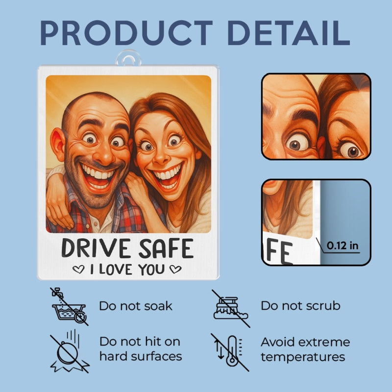 Custom Photo Funny Caricature Acrylic Car Ornament - Personalized Anniversary Wedding Gifts For Husband And Wife, Him And Her - Safe Driver, Happy Lover