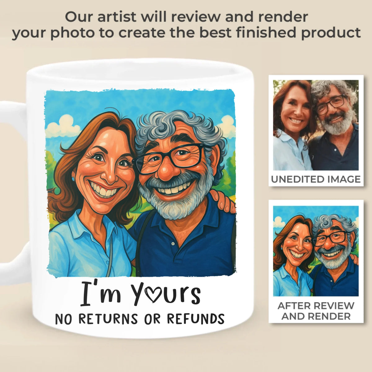 Mug photo personnalisé humoristique avec caricature - Cadeaux d'anniversaire de mariage personnalisés pour mari et femme, lui et elle - Je suis à toi. Aucun retour ni remboursement.