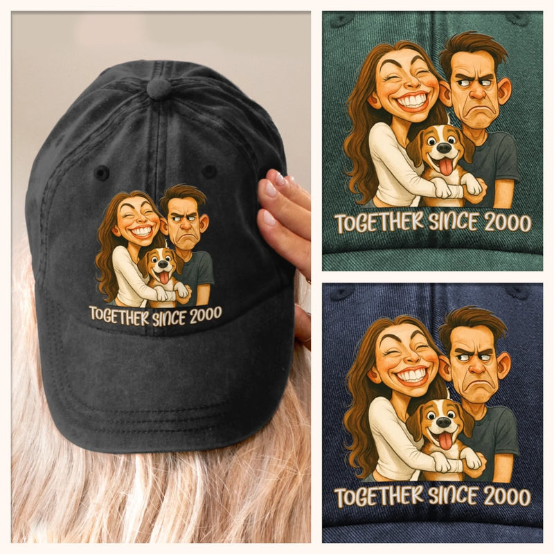 Custom Vintage Washed Denim Baseball Cap - Personalized Anniversary Wedding Gifts For Husband And Wife, Dog Cat Lovers - Together Since