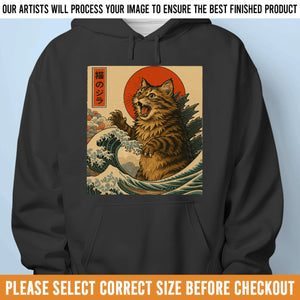 T-shirt unisexe photo personnalisé, t-shirt premium, sweat à capuche – Cadeaux d'anniversaire personnalisés pour les amoureux des chiens et des chats, les papas et les mamans de chiens, et les propriétaires de chats – Meowzilla Rises