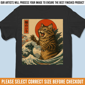 T-shirt unisexe photo personnalisé, t-shirt premium, sweat à capuche – Cadeaux d'anniversaire personnalisés pour les amoureux des chiens et des chats, les papas et les mamans de chiens, et les propriétaires de chats – Meowzilla Rises