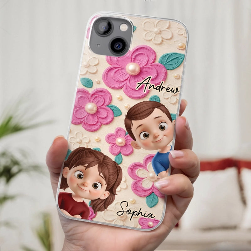 Custom 3D Inflated Effect Printed Clear Phone Case - Personalized Birthday Gifts For Mom, Grandma - Blossoms And Precious Little Faces