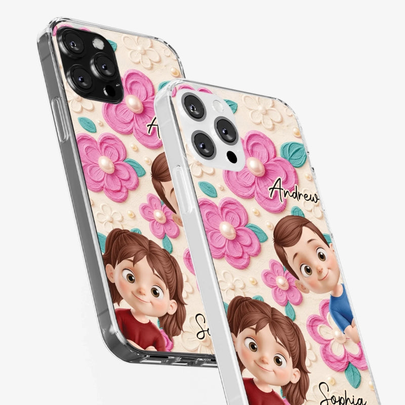 Custom 3D Inflated Effect Printed Clear Phone Case - Personalized Birthday Gifts For Mom, Grandma - Blossoms And Precious Little Faces