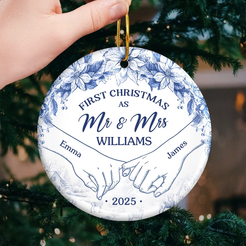 Custom Ceramic Ornament - Personalized Anniversary Christmas Wedding Gifts For Husband And Wife, Him And Her -  Cozying Up As Newlyweds