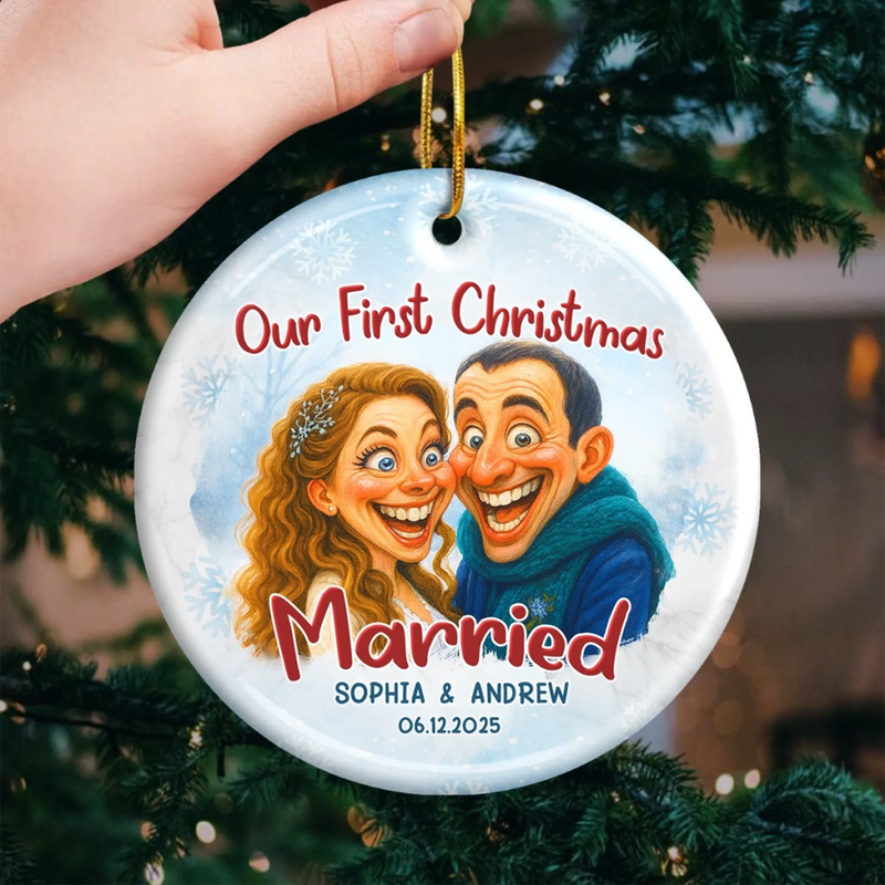 Custom Photo Funny Caricature Ceramic Ornament - Personalized Anniversary Christmas Wedding Gifts For Husband And Wife, Him And Her - Survived Our First Christmas As Mr And Mrs