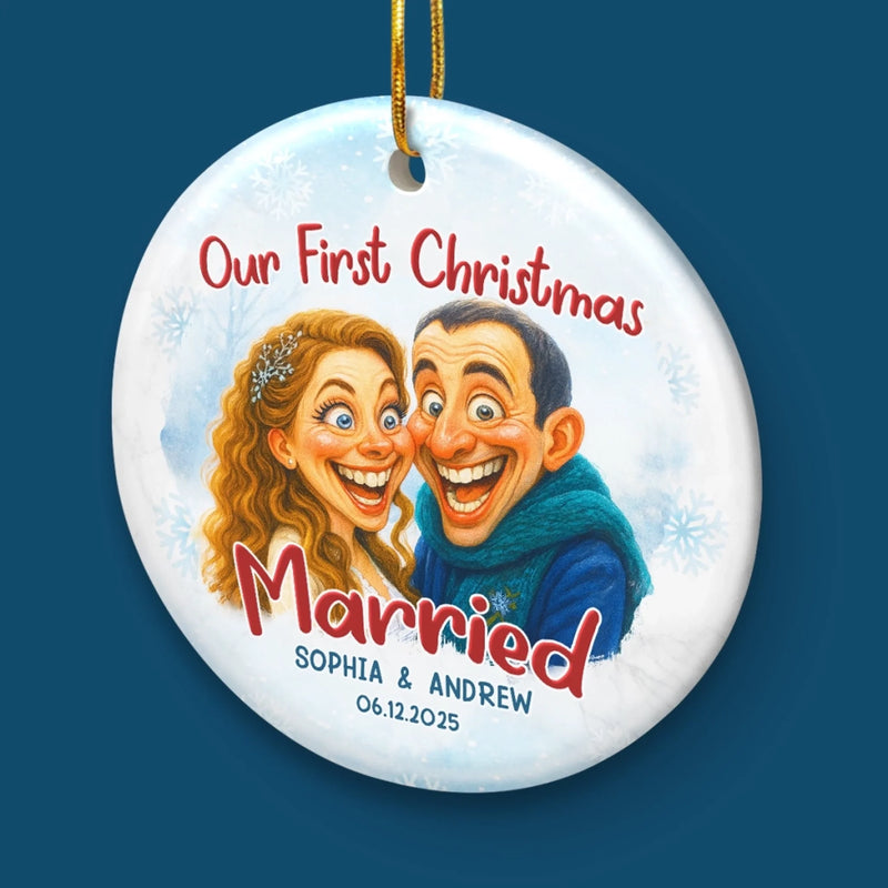 Custom Photo Funny Caricature Ceramic Ornament - Personalized Anniversary Christmas Wedding Gifts For Husband And Wife, Him And Her - Survived Our First Christmas As Mr And Mrs