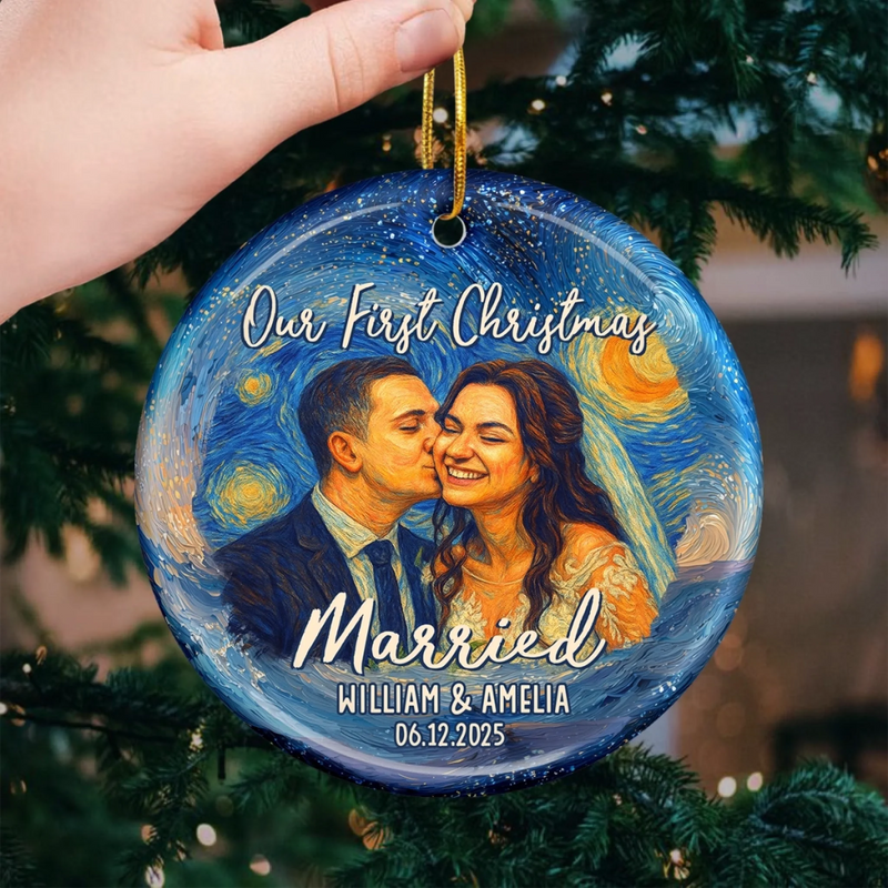 Custom Photo Ceramic Ornament - Personalized Anniversary Christmas Wedding Gifts For Husband And Wife, Him And Her - Jingle Bells And Wedding Bells