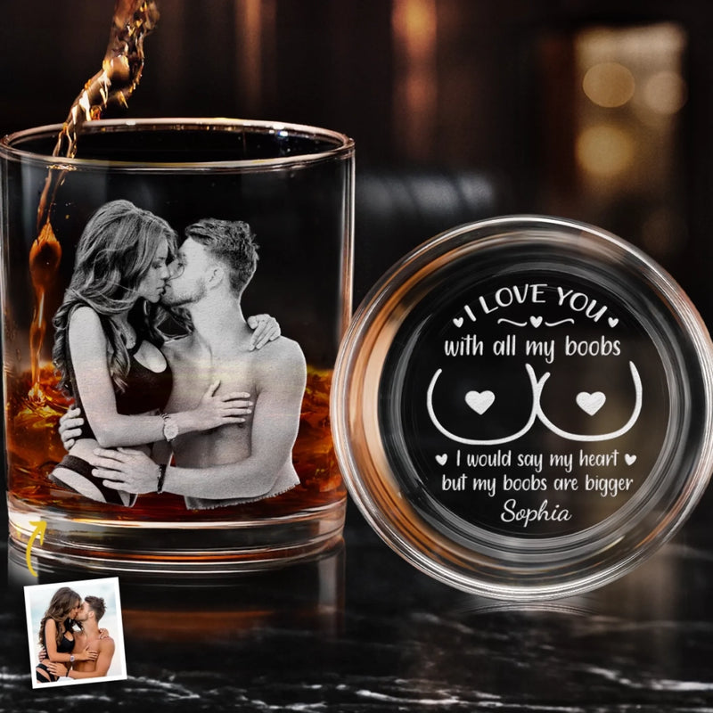 Custom Photo Whiskey Glass With Bottom And Side Engraving - Personalized Anniversary Wedding Gifts For Husband And Wife, Him And Her - Let’s Grow Old And Weird Together