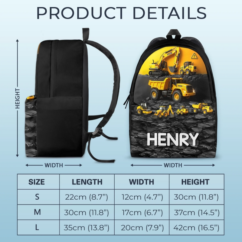 Custom Kids Backpack - Personalized Back To School Gifts For Kids - Mighty Machines On The Move