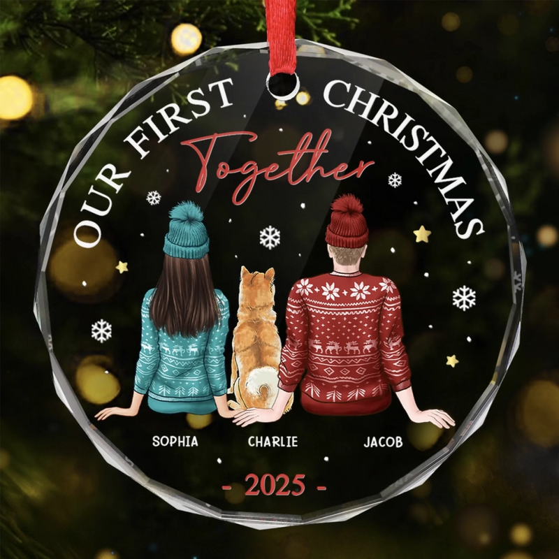 We're Together - Dog & Cat Personalized Custom Circle Glass Ornament - Christmas Gift For Husband Wife, Anniversary, First Christmas, Pet Owners, Pet Lovers