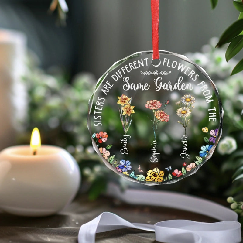 Custom Circle Glass Ornament - Personalized Christmas Best Friend Birthday Gifts For Women, Besties, Sisters, BFF - Unique Flowers One Garden Sisters