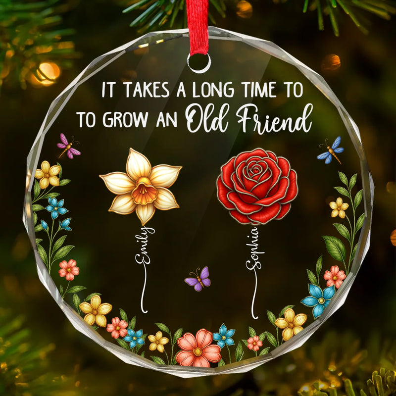 Custom Circle Glass Ornament - Personalized Christmas Best Friend Birthday Gifts For Women, Besties, Sisters, BFF - Sisters Different Flowers Shared Garden