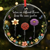 Custom Circle Glass Ornament - Personalized Christmas Best Friend Birthday Gifts For Women, Besties, Sisters, BFF - Sisters Different Flowers Shared Garden
