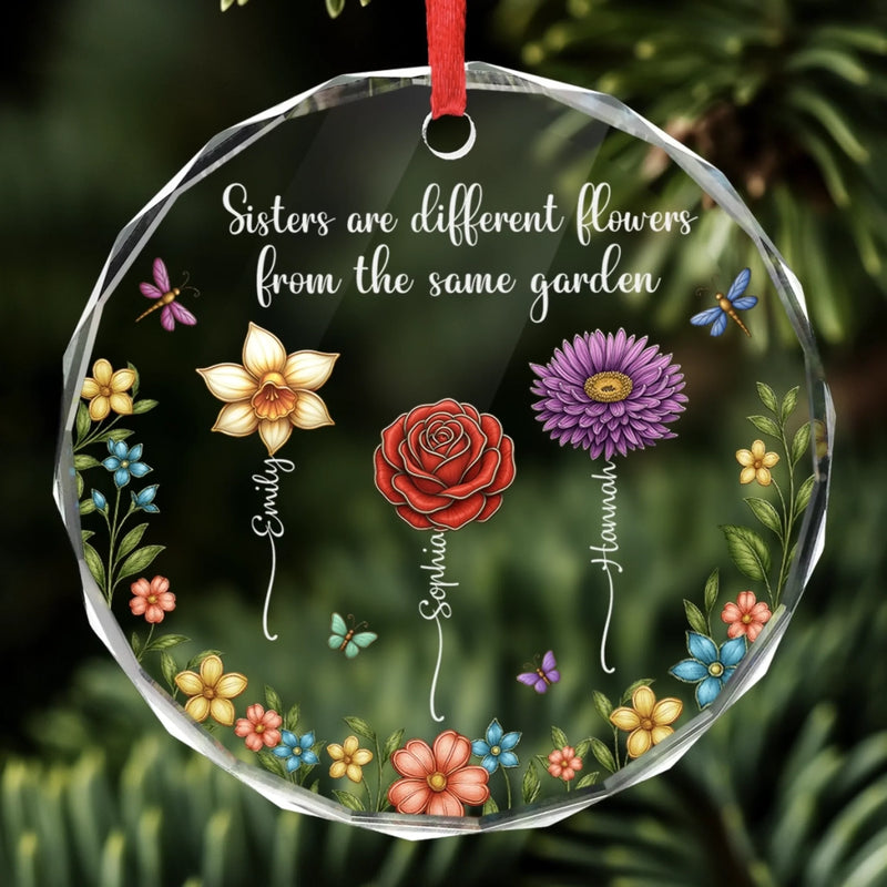 Custom Circle Glass Ornament - Personalized Christmas Best Friend Birthday Gifts For Women, Besties, Sisters, BFF - Sisters Different Flowers Shared Garden