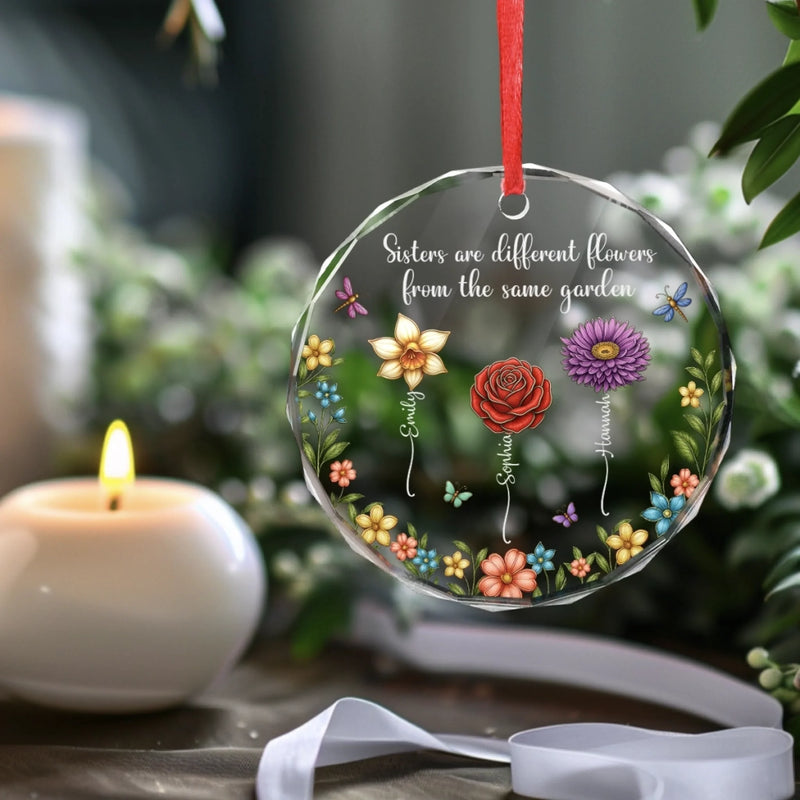 Custom Circle Glass Ornament - Personalized Christmas Best Friend Birthday Gifts For Women, Besties, Sisters, BFF - Sisters Different Flowers Shared Garden