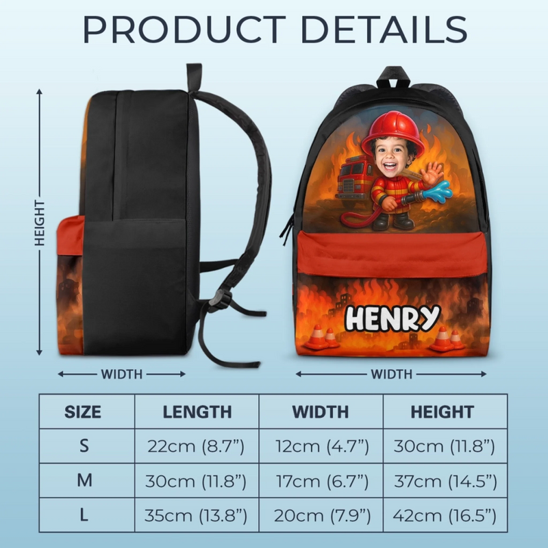 Custom Photo Kids Backpack - Personalized Back To School Gifts For Kids - Brave Little Firefighter Hero