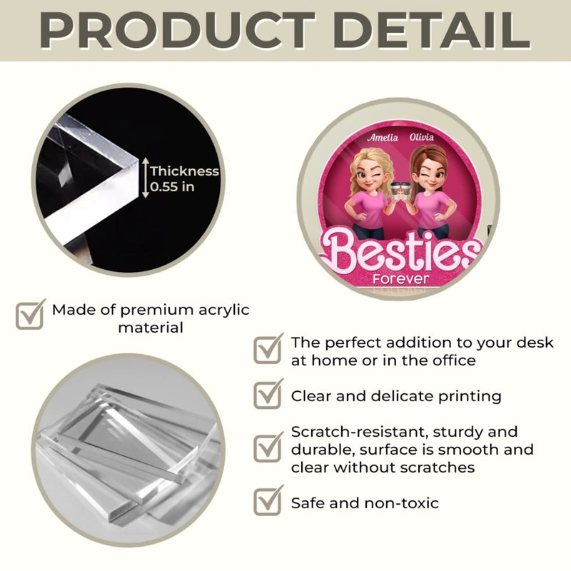 Custom Acrylic Plaque - Personalized Best Friend Birthday Gifts For Women, Besties, Sisters, BFF - Besties Forever Side By Side