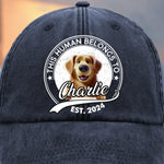 This Human Belongs To Me - Dog Personalized Custom Vintage Washed Denim Baseball Cap - Father's Day, Mother's Day, Gift For Dog Lovers