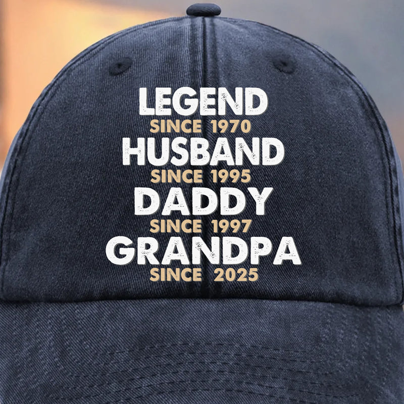 Built To Be A Legend - Family Personalized Custom Vintage Washed Denim Baseball Cap - Father's Day, Gift For Dad, Grandpa