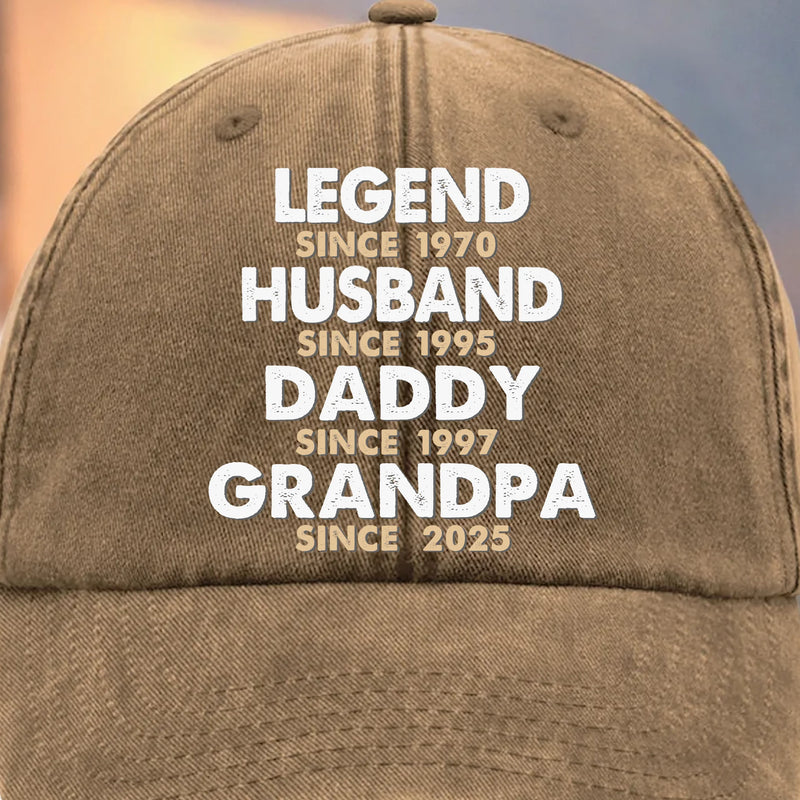 Built To Be A Legend - Family Personalized Custom Vintage Washed Denim Baseball Cap - Father's Day, Gift For Dad, Grandpa