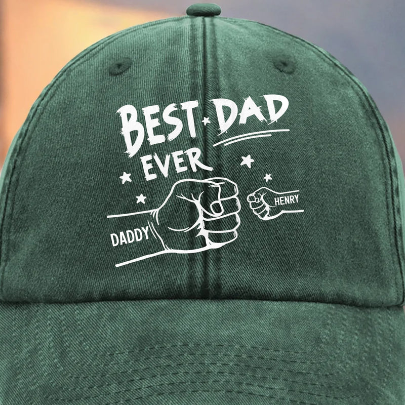 Hands Down, World's Best Dad - Family Personalized Custom Vintage Washed Denim Baseball Cap - Father's Day, Gift For Dad, Grandpa, Family Members