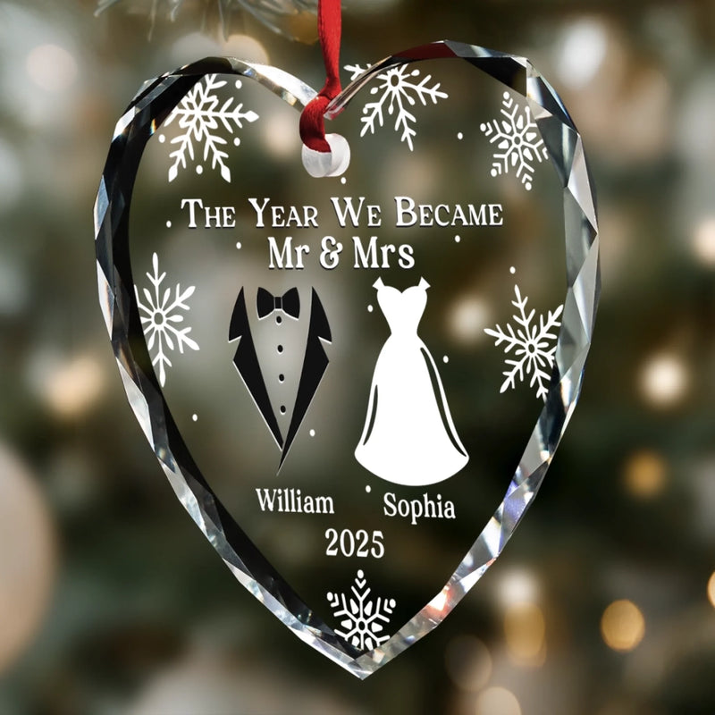 Custom Heart Glass Ornament - Personalized Anniversary Christmas Wedding Gifts For Husband And Wife, Him And Her - Started With A Yes, Now It’s Us