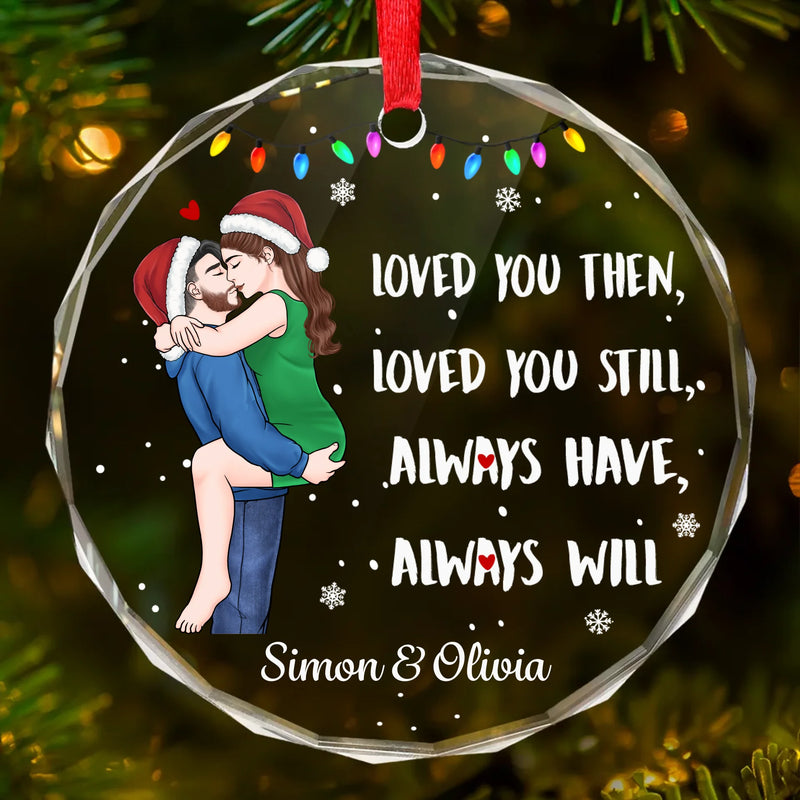 Custom Circle Glass Ornament - Personalized Anniversary Christmas Wedding Gifts For Husband And Wife, Him And Her - Our Forever Starts With A Kiss