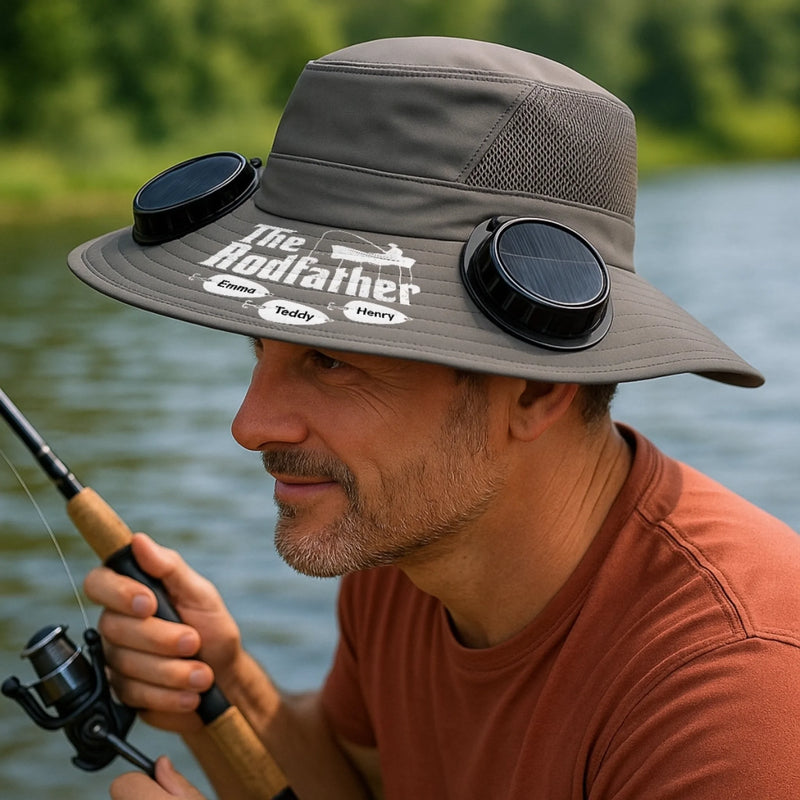Custom Hat With Fans Solar Power - Personalized Birthday Fishing Gifts For Fisherman, Dad, Grandpa - The Rodfather