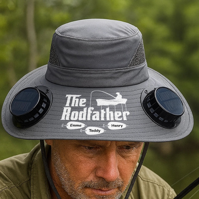 Custom Hat With Fans Solar Power - Personalized Birthday Fishing Gifts For Fisherman, Dad, Grandpa - The Rodfather