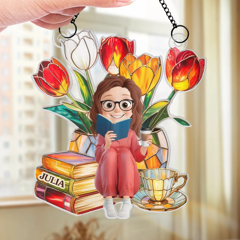 Custom Window Hanging Suncatcher Ornament - Personalized Bookish Gifts For Book Lovers, Bookworms, Readers - Flower Power, Book Hour
