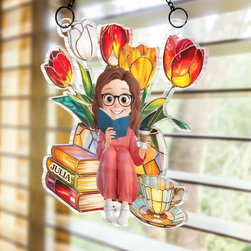Custom Window Hanging Suncatcher Ornament - Personalized Bookish Gifts For Book Lovers, Bookworms, Readers - Flower Power, Book Hour