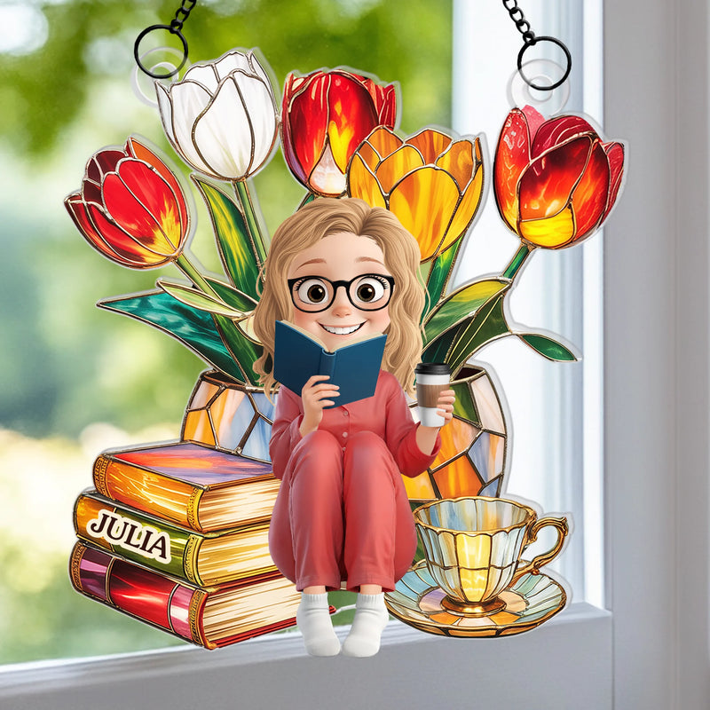 Custom Window Hanging Suncatcher Ornament - Personalized Bookish Gifts For Book Lovers, Bookworms, Readers - Flower Power, Book Hour