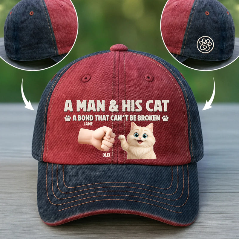 Custom Embroidered Effect Washed Denim Baseball Cap - Personalized Birthday Gifts For Cat Lovers, Cat Mom And Dad - Cat Dad Vibes Only