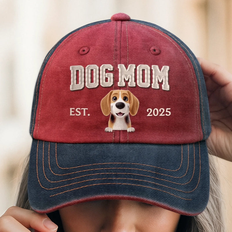Custom Embroidered Effect Washed Denim Baseball Cap - Personalized Birthday Gifts For Dog Cat Lovers, Dog Dad And Mom, Cat Owners - Best Dog Mom Ever