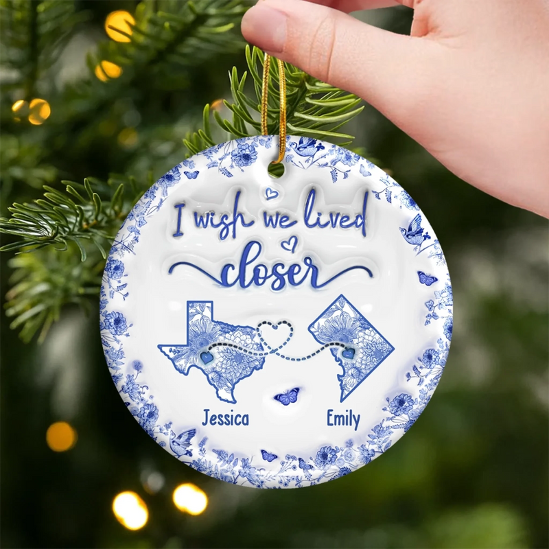 Custom Long Distance Ceramic Ornament - Personalized Best Friend Christmas Birthday Gifts For Women, Besties, Sisters, BFF - Connected By Heart No Matter The Miles