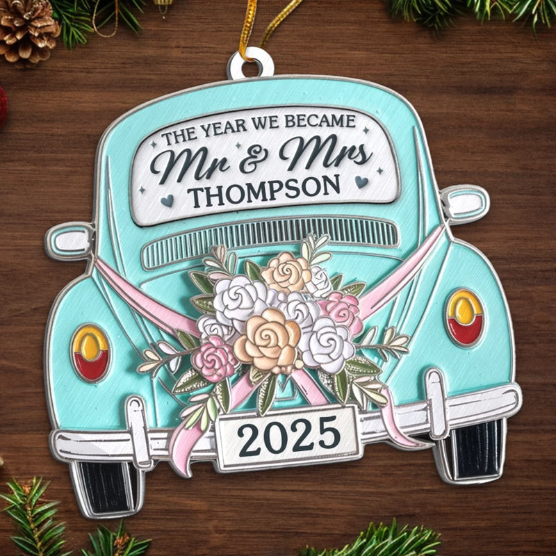 Custom Metal Ornament - Personalized Anniversary Christmas Wedding Gifts For Husband And Wife, Him And Her - Driving Into Forever Together