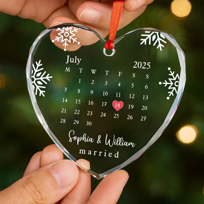 Custom Heart Glass Ornament - Personalized Anniversary Christmas Wedding Gifts For Husband And Wife, Him And Her - Married And Merry
