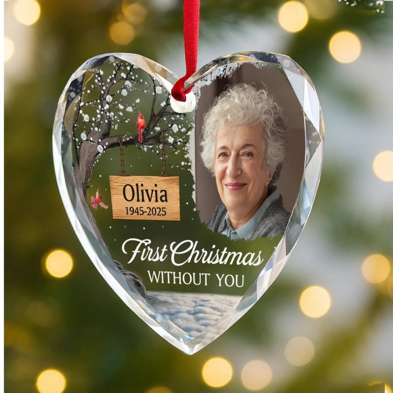 Custom Photo Heart Glass Ornament - Personalized Memorial Sympathy Gifts For Loss Of Mom, Dad - First Christmas Without You
