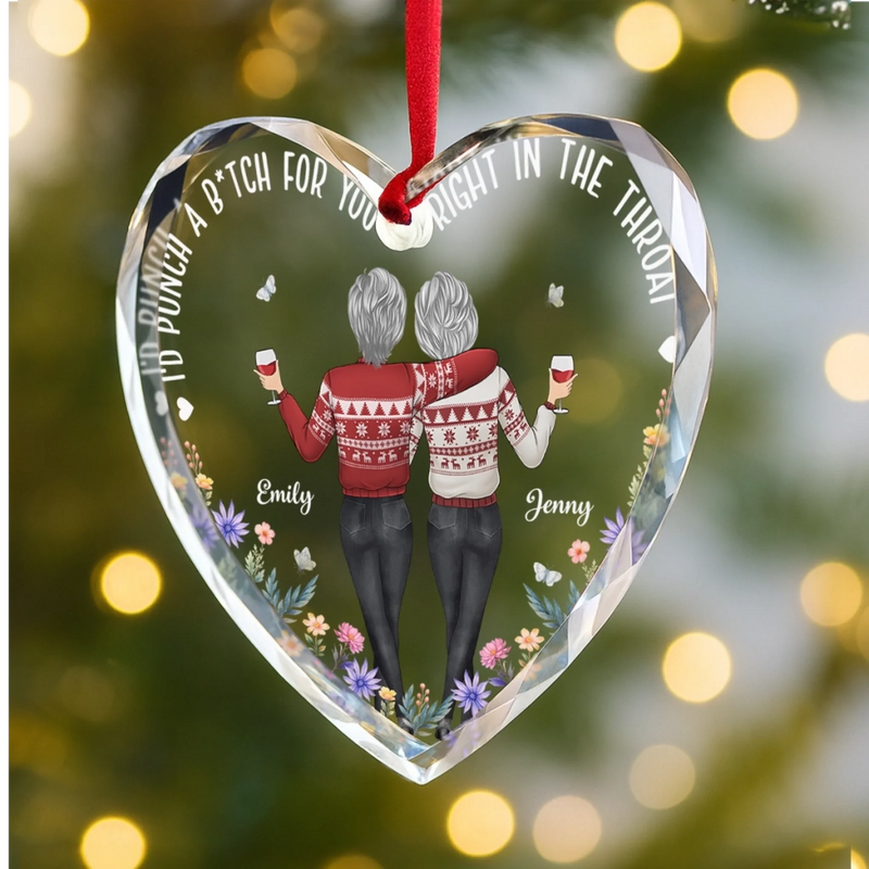 Custom Heart Glass Ornament - Personalized Christmas Best Friend Birthday Gifts For Women, Besties, Sisters, BFF - Sisters By Choice