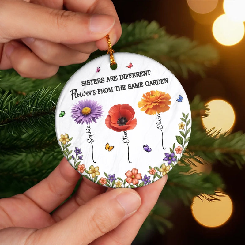 Custom Ceramic Ornament - Personalized Best Friend Christmas Birthday Gifts For Women, Besties, Sisters, BFF - Different Flowers, One Bond