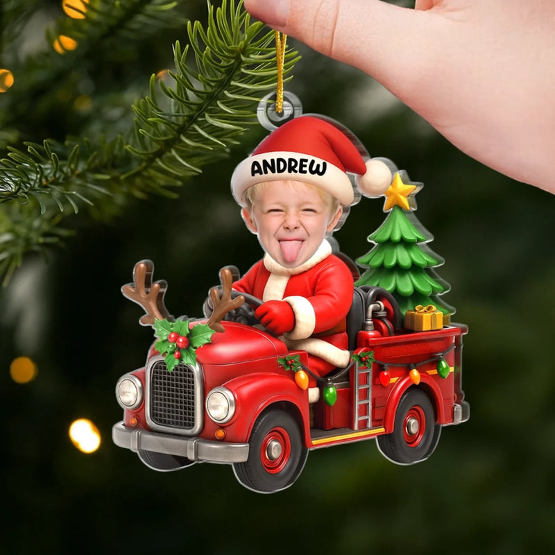 Custom Photo Acrylic Ornament - Personalized Christmas Birthday Gifts For Kids - Driving Into Holiday Magic