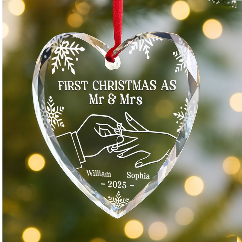 Custom Heart Glass Ornament - Personalized Anniversary Christmas Wedding Gifts For Husband And Wife, Him And Her - Two Pieces, One Heart