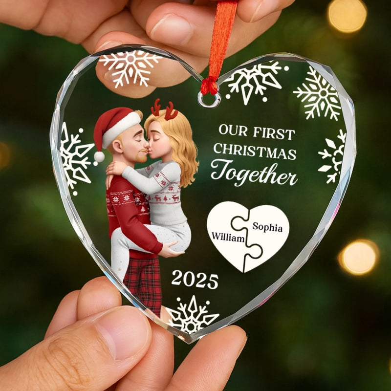 Custom Heart Glass Ornament - Personalized Anniversary Christmas Wedding Gifts For Husband And Wife, Him And Her - Our First Noel As Lovers