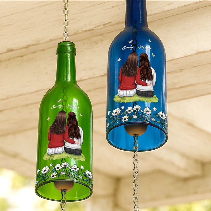 Custom Wine Bottle Wind Chime - Personalized Best Friend Birthday Gifts For Women, Besties, Sisters, BFF - Side By Side, Heart To Heart