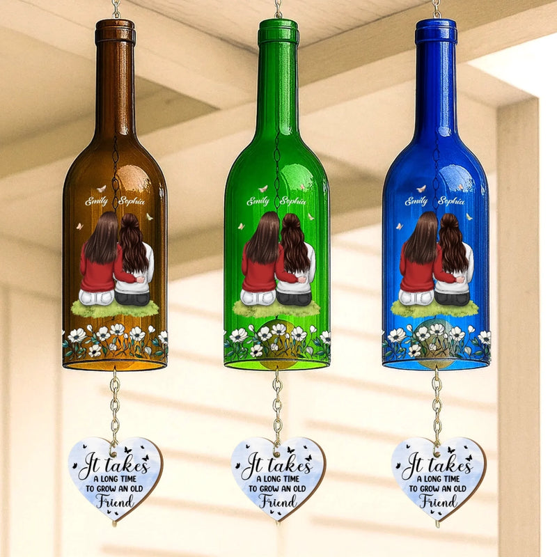 Custom Wine Bottle Wind Chime - Personalized Best Friend Birthday Gifts For Women, Besties, Sisters, BFF - Side By Side, Heart To Heart